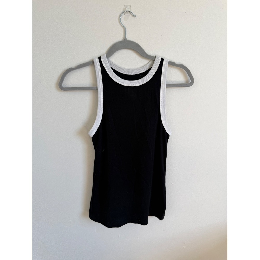 A New Day Womens Medium Black Ribbed Ringer Tank Top White Trim Sleeveless Shirt